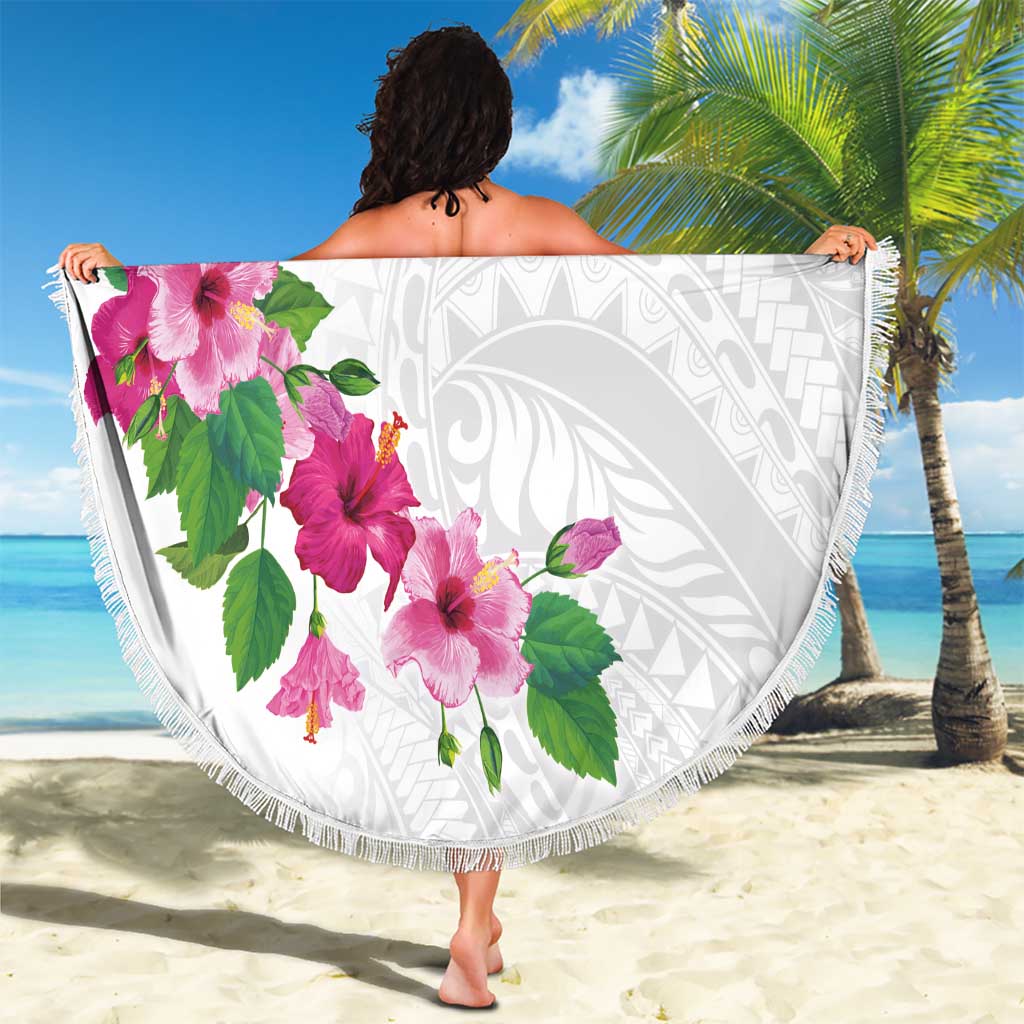 Hawaiian Hibiscus and Art Polynesian Tattoo Beach Blanket White Color