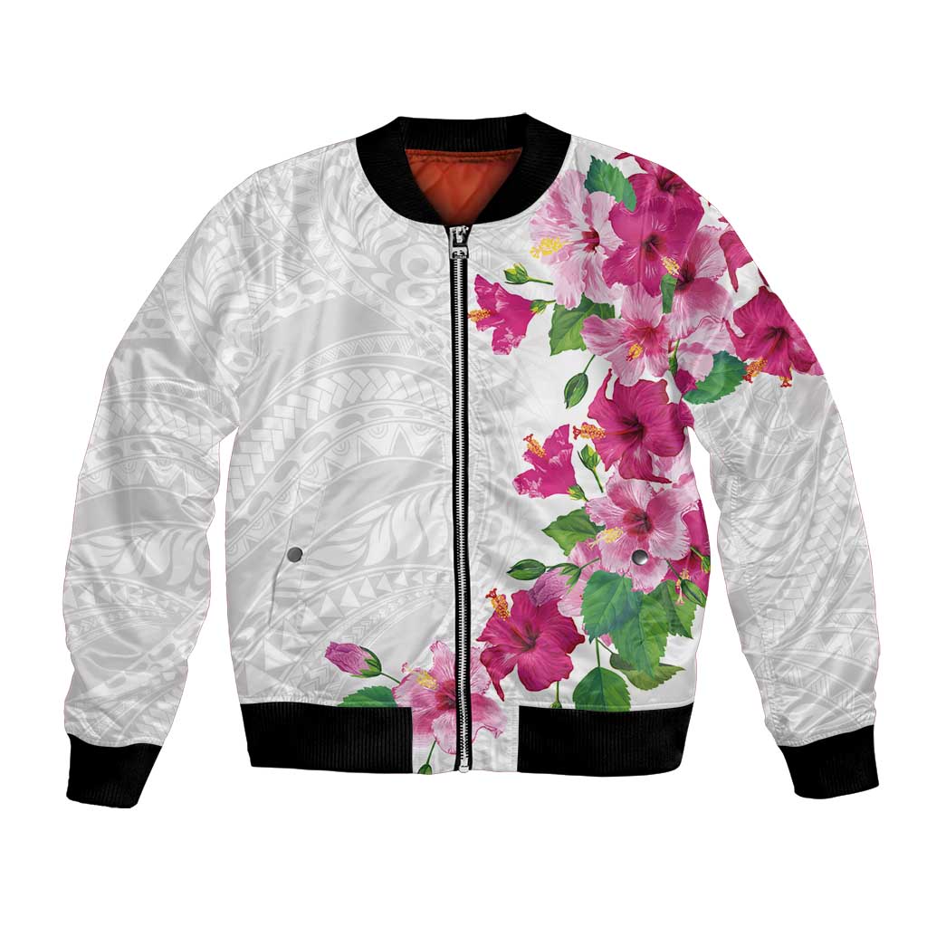 Hawaiian Hibiscus and Art Polynesian Tattoo Bomber Jacket White Color