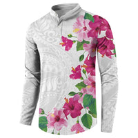 Hawaiian Hibiscus and Art Polynesian Tattoo Button Sweatshirt White Color