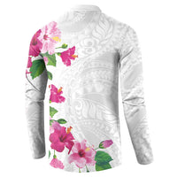 Hawaiian Hibiscus and Art Polynesian Tattoo Button Sweatshirt White Color