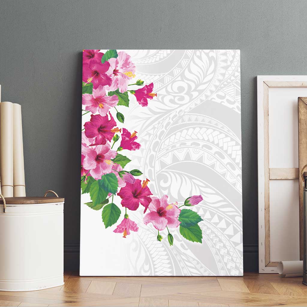 Hawaiian Hibiscus and Art Polynesian Tattoo Canvas Wall Art White Color