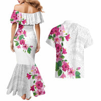 Hawaiian Hibiscus and Art Polynesian Tattoo Couples Matching Mermaid Dress and Hawaiian Shirt White Color
