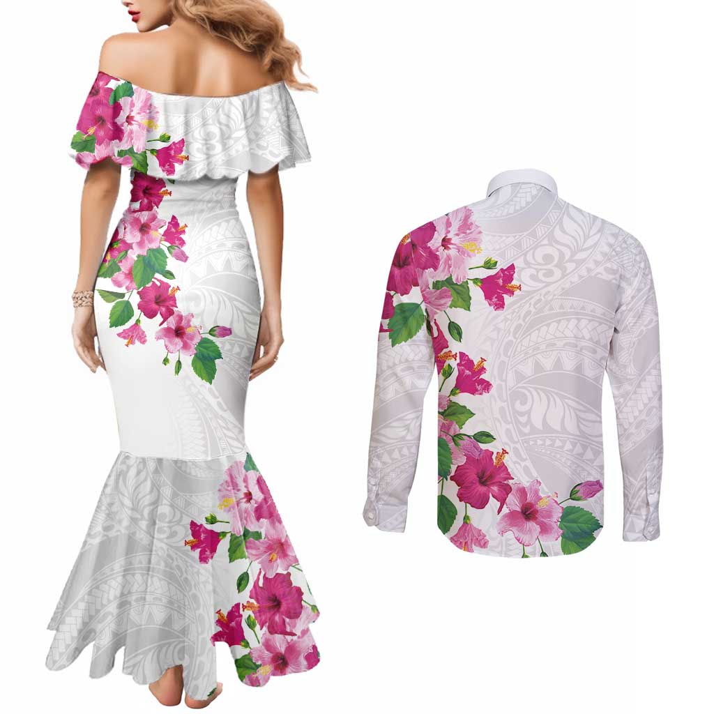 Hawaiian Hibiscus and Art Polynesian Tattoo Couples Matching Mermaid Dress and Long Sleeve Button Shirt White Color