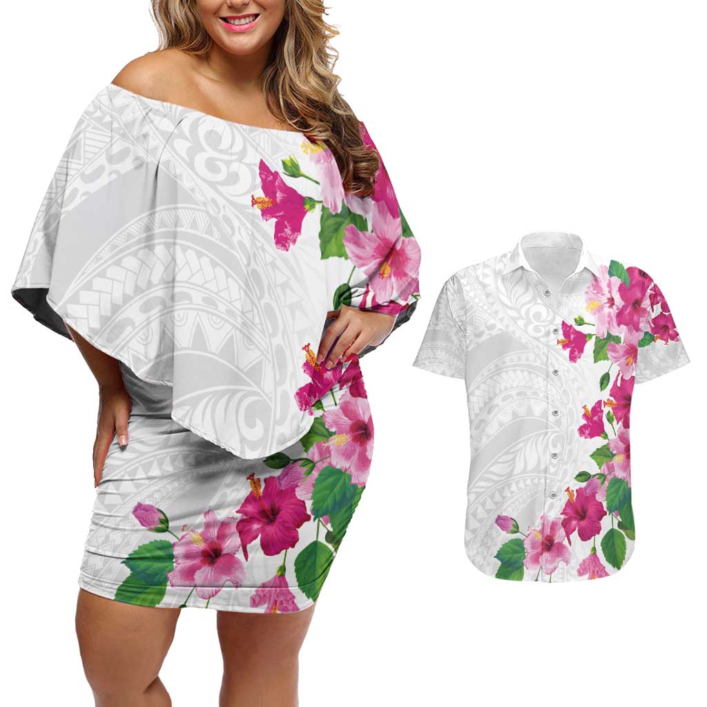 Hawaiian Hibiscus and Art Polynesian Tattoo Couples Matching Off Shoulder Short Dress and Hawaiian Shirt White Color