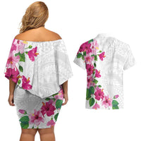 Hawaiian Hibiscus and Art Polynesian Tattoo Couples Matching Off Shoulder Short Dress and Hawaiian Shirt White Color