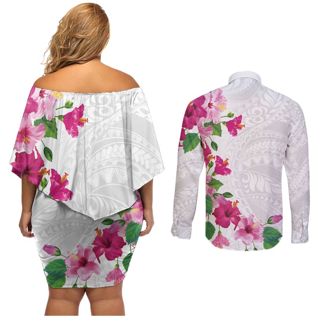 Hawaiian Hibiscus and Art Polynesian Tattoo Couples Matching Off Shoulder Short Dress and Long Sleeve Button Shirt White Color