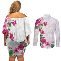 Hawaiian Hibiscus and Art Polynesian Tattoo Couples Matching Off Shoulder Short Dress and Long Sleeve Button Shirt White Color