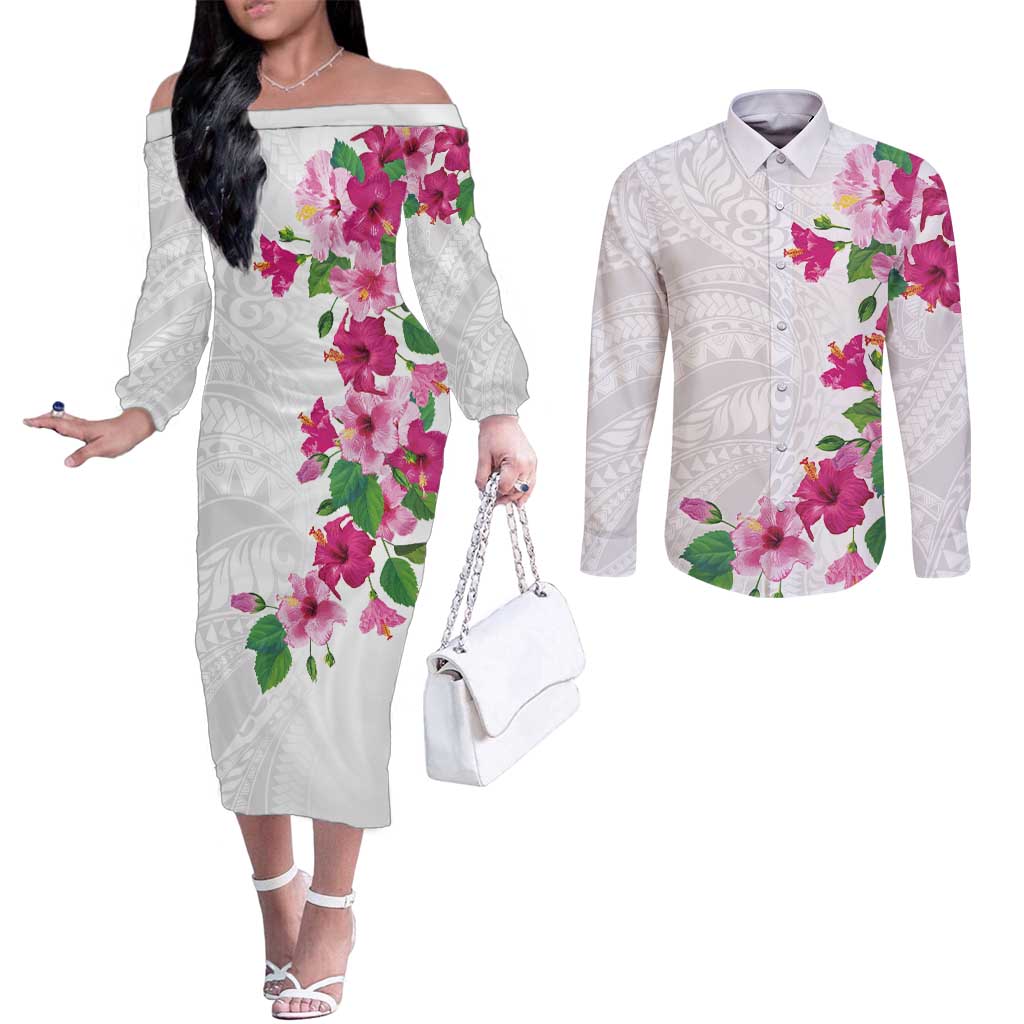 Hawaiian Hibiscus and Art Polynesian Tattoo Couples Matching Off The Shoulder Long Sleeve Dress and Long Sleeve Button Shirt White Color