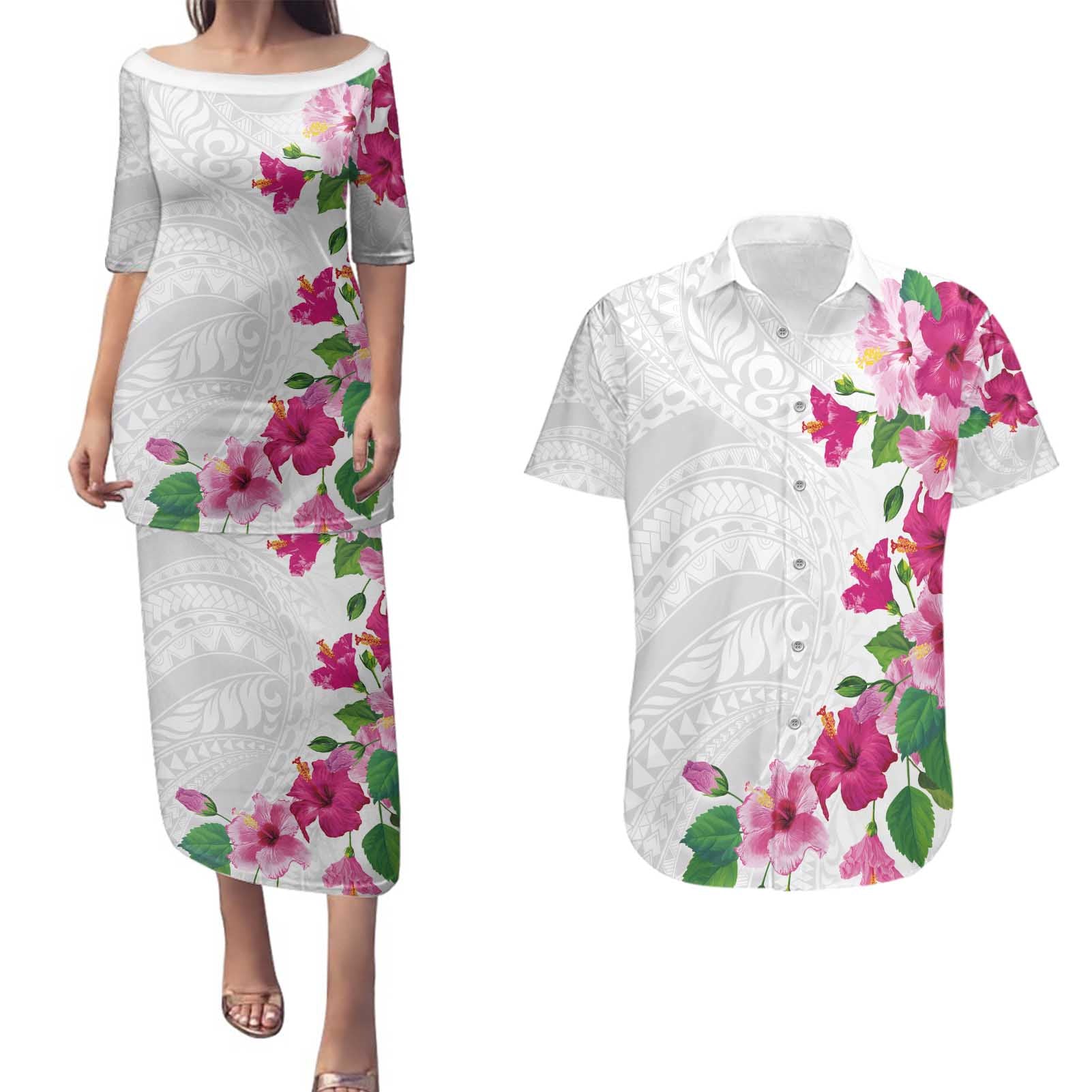 Hawaiian Hibiscus and Art Polynesian Tattoo Couples Matching Puletasi and Hawaiian Shirt White Color
