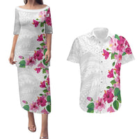 Hawaiian Hibiscus and Art Polynesian Tattoo Couples Matching Puletasi and Hawaiian Shirt White Color