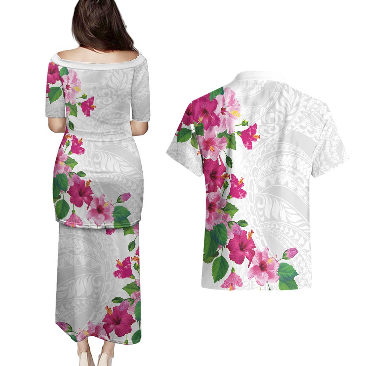 Hawaiian Hibiscus and Art Polynesian Tattoo Couples Matching Puletasi and Hawaiian Shirt White Color