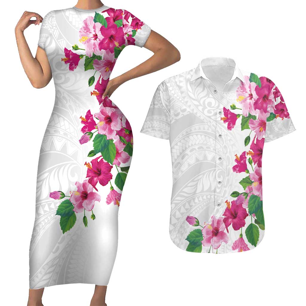 Hawaiian Hibiscus and Art Polynesian Tattoo Couples Matching Short Sleeve Bodycon Dress and Hawaiian Shirt White Color