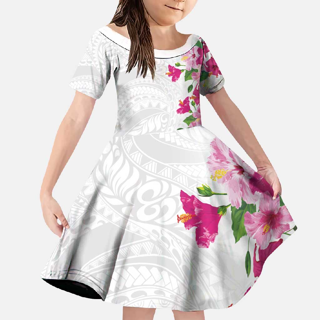 Hawaiian Hibiscus and Art Polynesian Tattoo Family Matching Long Sleeve Bodycon Dress and Hawaiian Shirt White Color