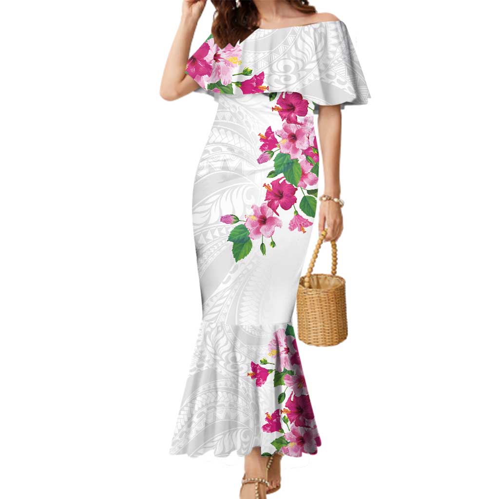 Hawaiian Hibiscus and Art Polynesian Tattoo Family Matching Mermaid Dress and Hawaiian Shirt White Color