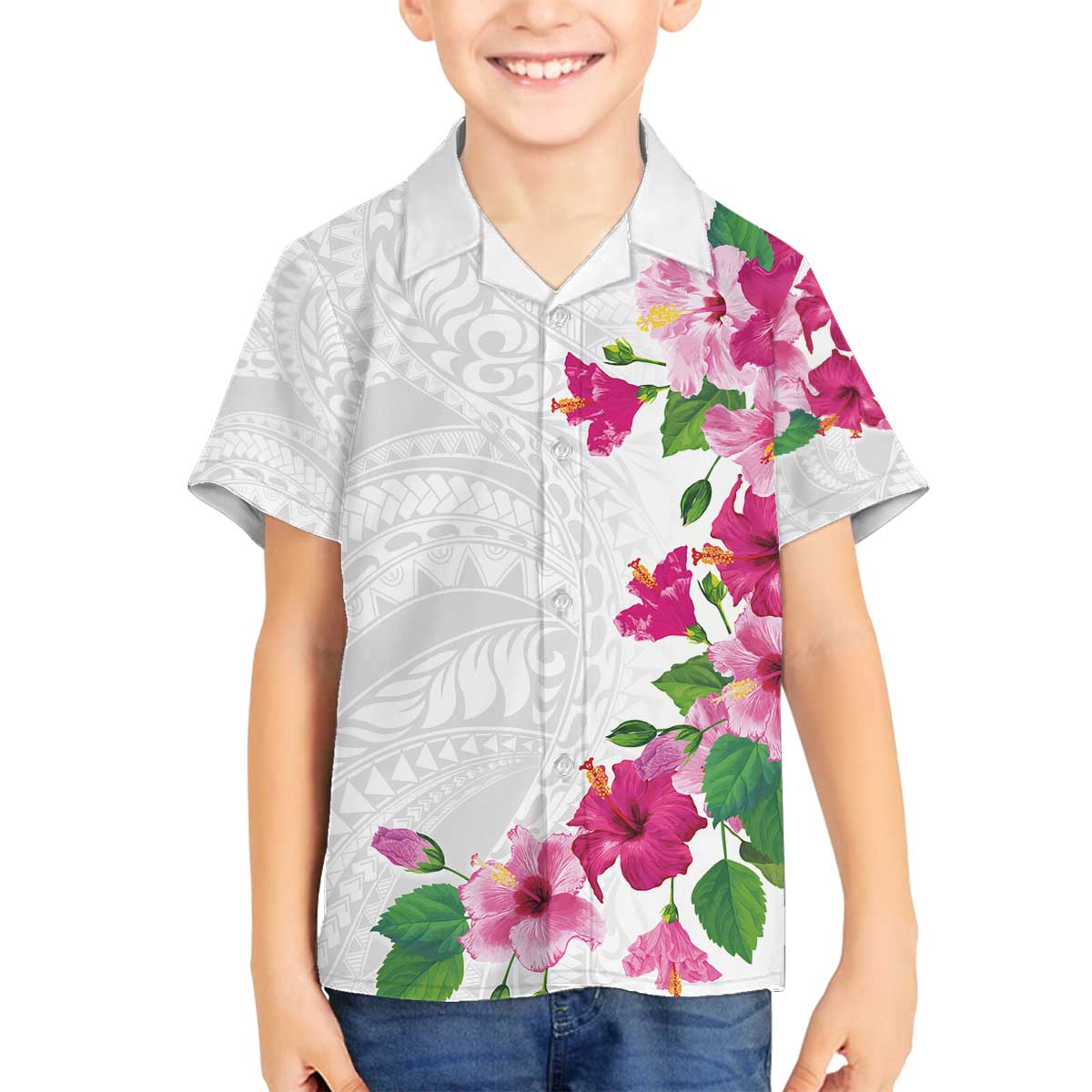 Hawaiian Hibiscus and Art Polynesian Tattoo Family Matching Off The Shoulder Long Sleeve Dress and Hawaiian Shirt White Color
