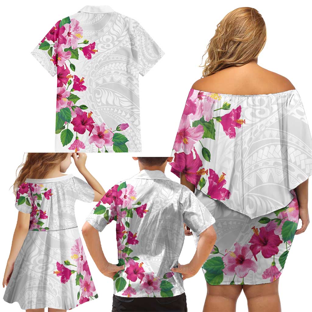 Hawaiian Hibiscus and Art Polynesian Tattoo Family Matching Off Shoulder Short Dress and Hawaiian Shirt White Color