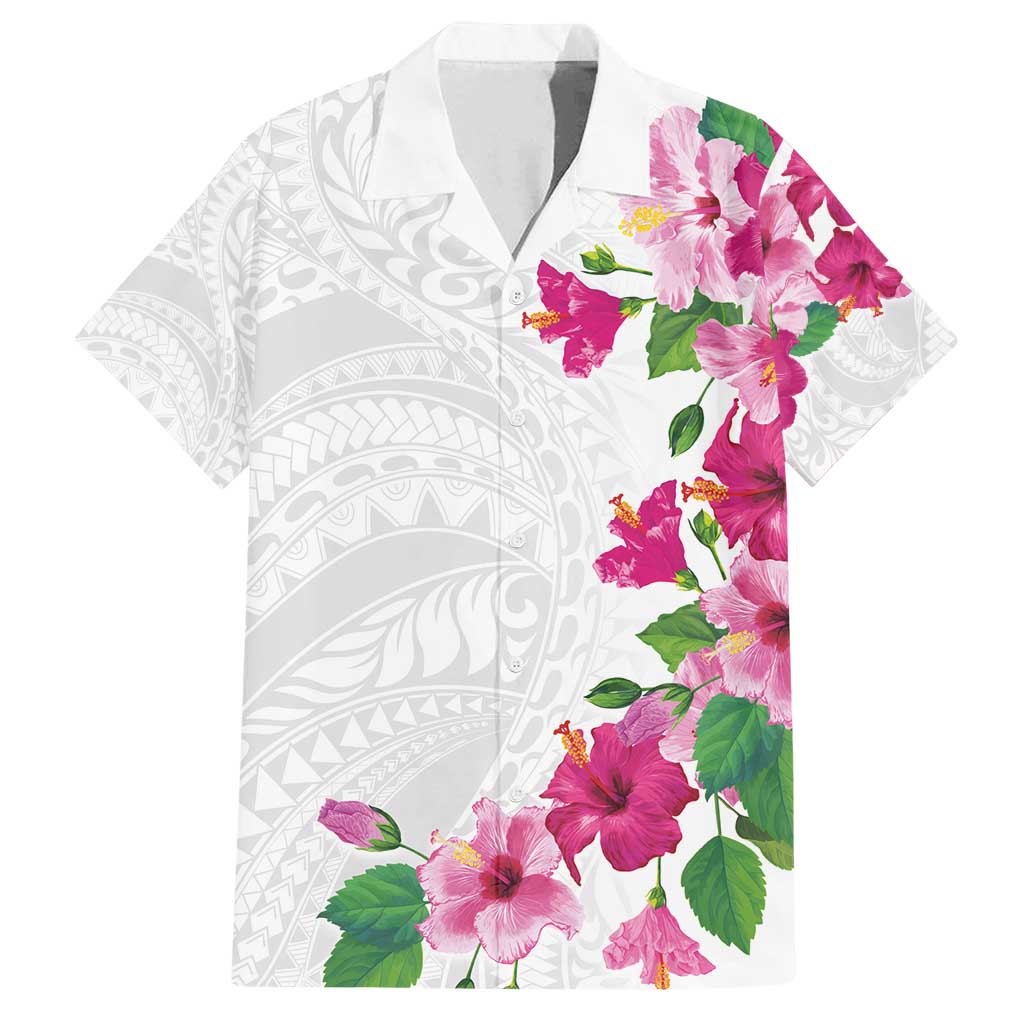 Hawaiian Hibiscus and Art Polynesian Tattoo Family Matching Off Shoulder Short Dress and Hawaiian Shirt White Color