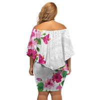 Hawaiian Hibiscus and Art Polynesian Tattoo Family Matching Off Shoulder Short Dress and Hawaiian Shirt White Color