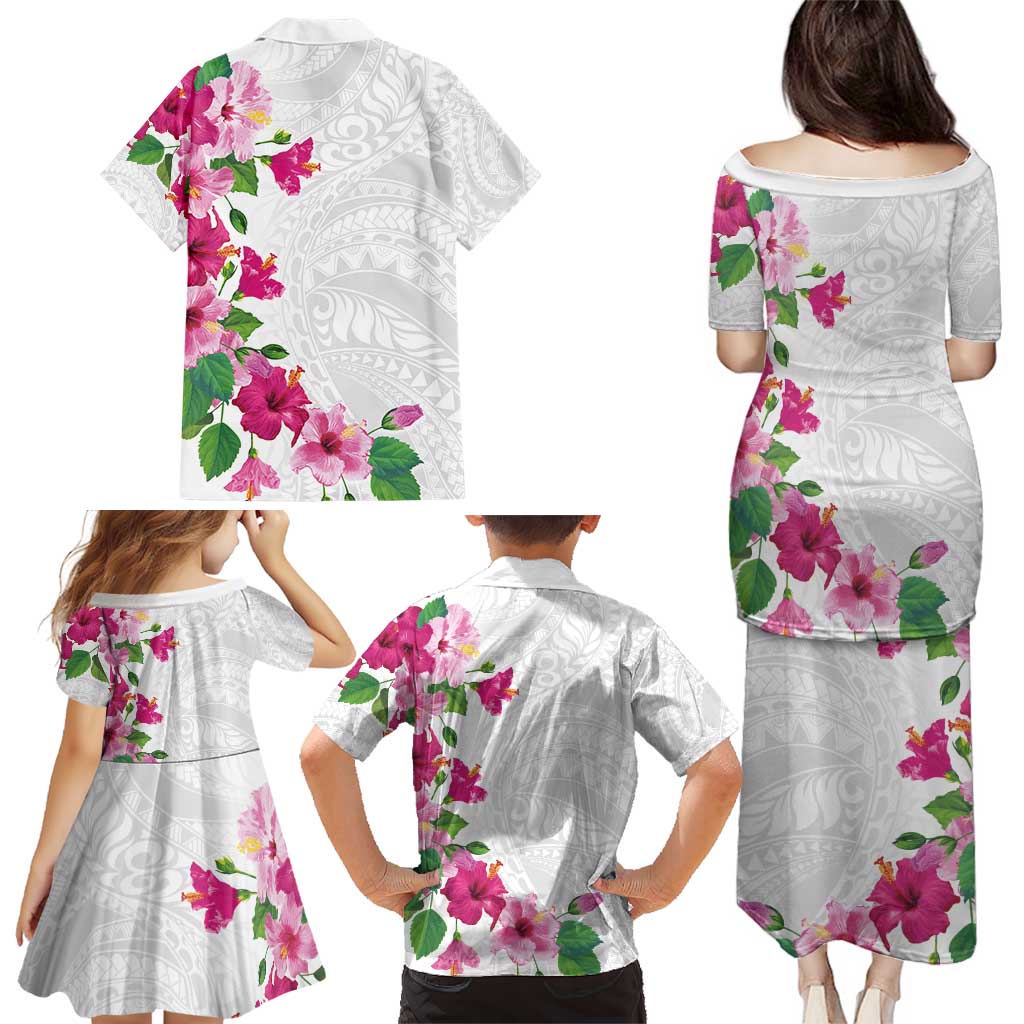 Hawaiian Hibiscus and Art Polynesian Tattoo Family Matching Puletasi and Hawaiian Shirt White Color