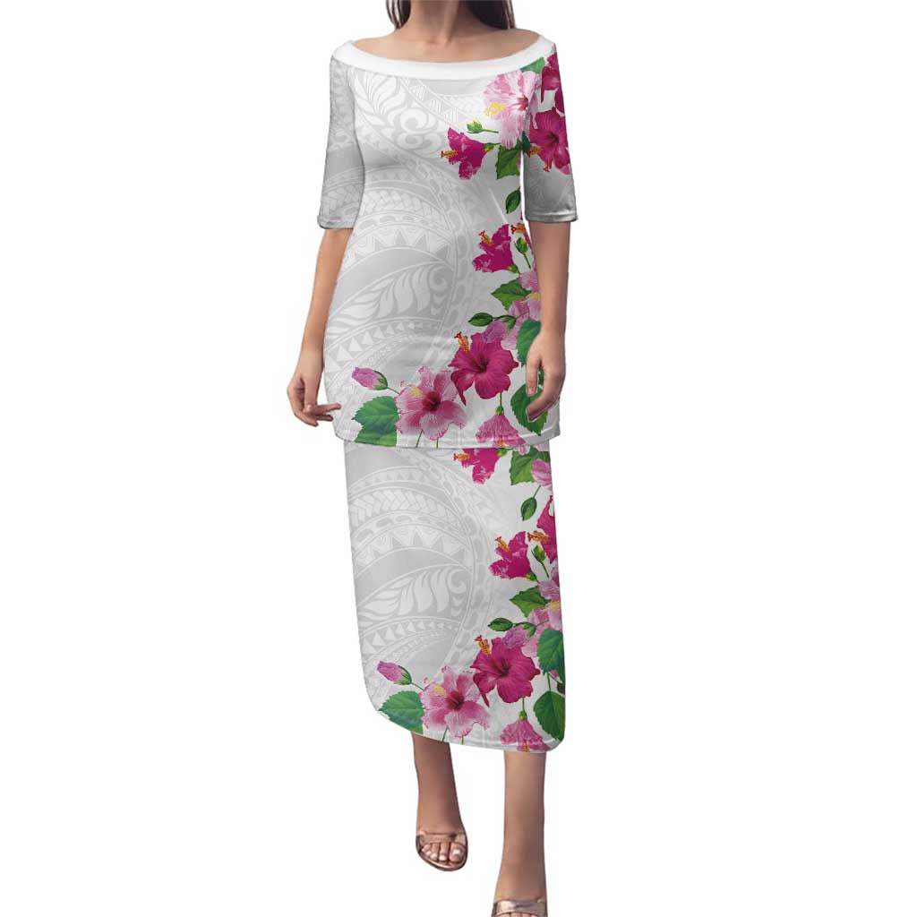 Hawaiian Hibiscus and Art Polynesian Tattoo Family Matching Puletasi and Hawaiian Shirt White Color