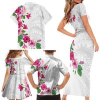 Hawaiian Hibiscus and Art Polynesian Tattoo Family Matching Short Sleeve Bodycon Dress and Hawaiian Shirt White Color