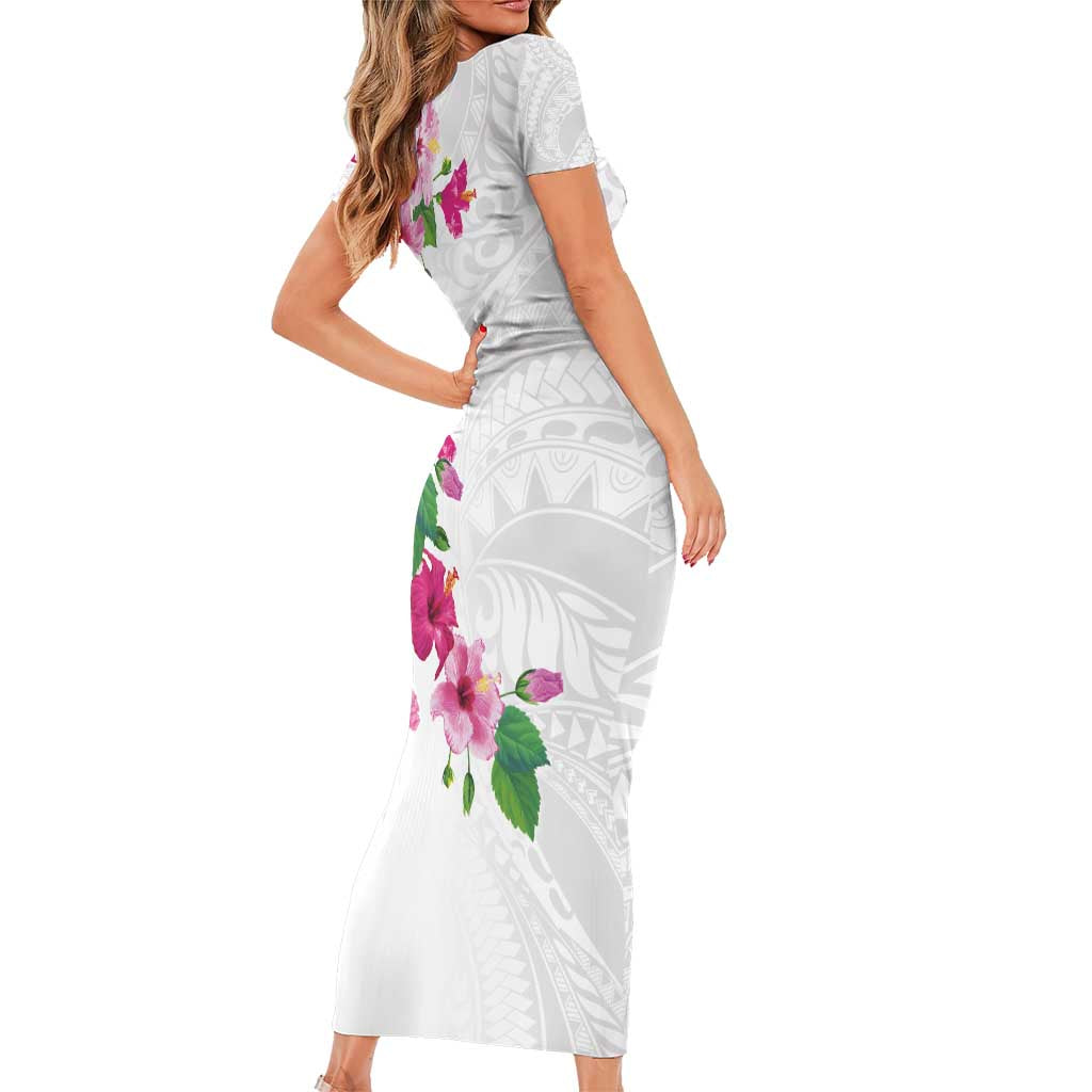 Hawaiian Hibiscus and Art Polynesian Tattoo Family Matching Short Sleeve Bodycon Dress and Hawaiian Shirt White Color