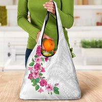 Hawaiian Hibiscus and Art Polynesian Tattoo Grocery Bag White Color