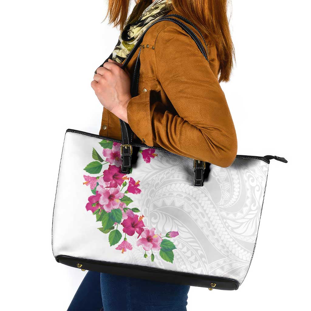 Hawaiian Hibiscus and Art Polynesian Tattoo Leather Tote Bag White Color