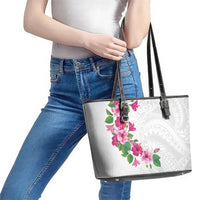 Hawaiian Hibiscus and Art Polynesian Tattoo Leather Tote Bag White Color