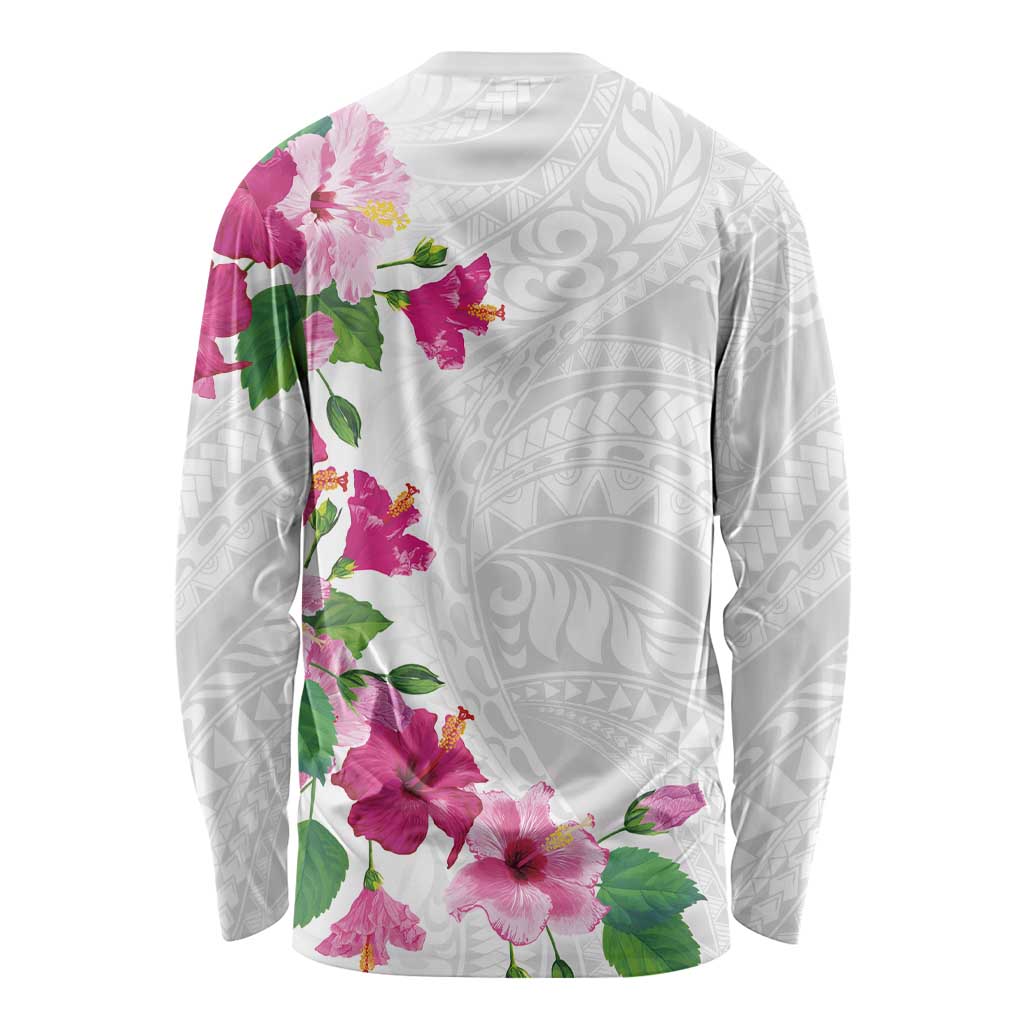 Hawaiian Hibiscus and Art Polynesian Tattoo Long Sleeve Shirt White Color