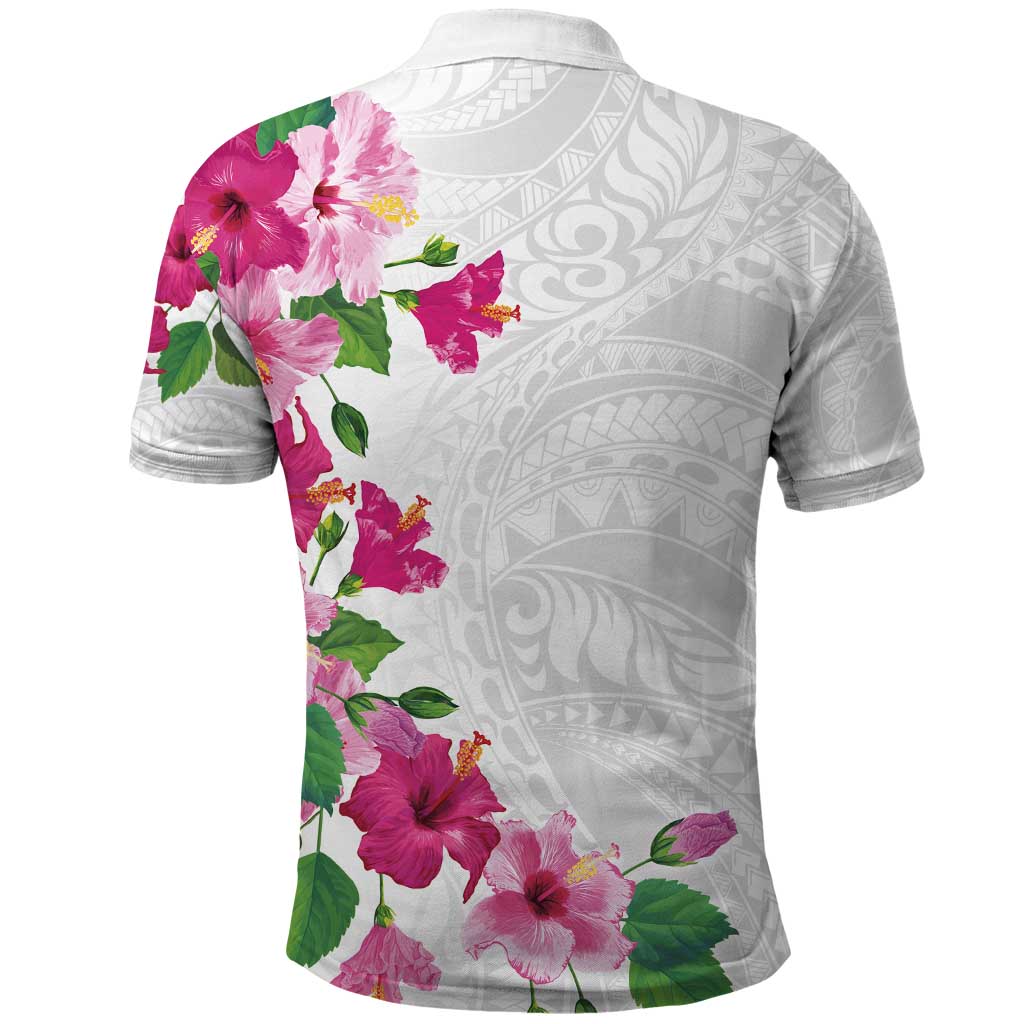 Hawaiian Hibiscus and Art Polynesian Tattoo Polo Shirt White Color