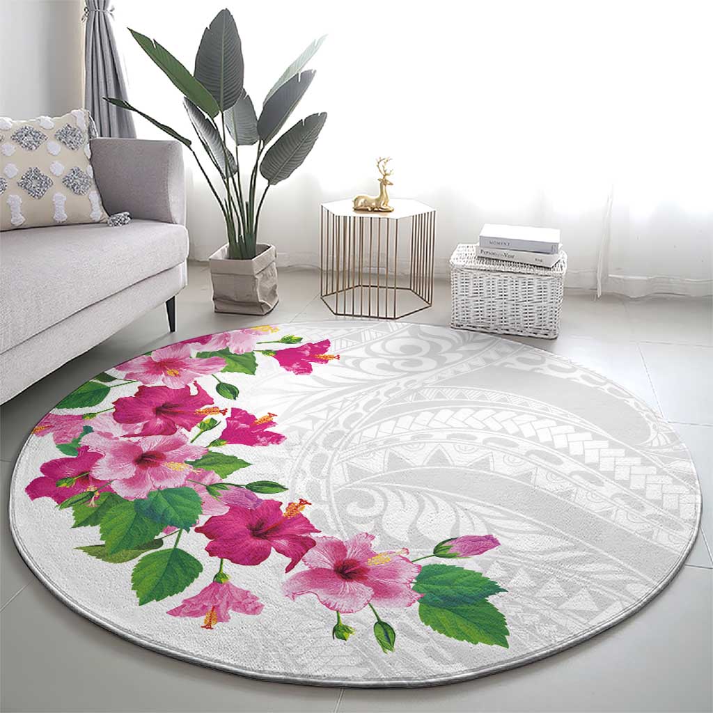 Hawaiian Hibiscus and Art Polynesian Tattoo Round Carpet White Color LT03 - Polynesian Pride
