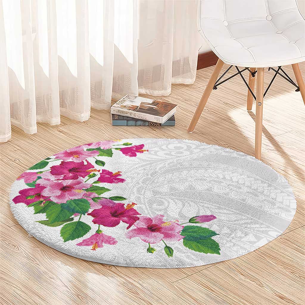 Hawaiian Hibiscus and Art Polynesian Tattoo Round Carpet White Color LT03 - Polynesian Pride