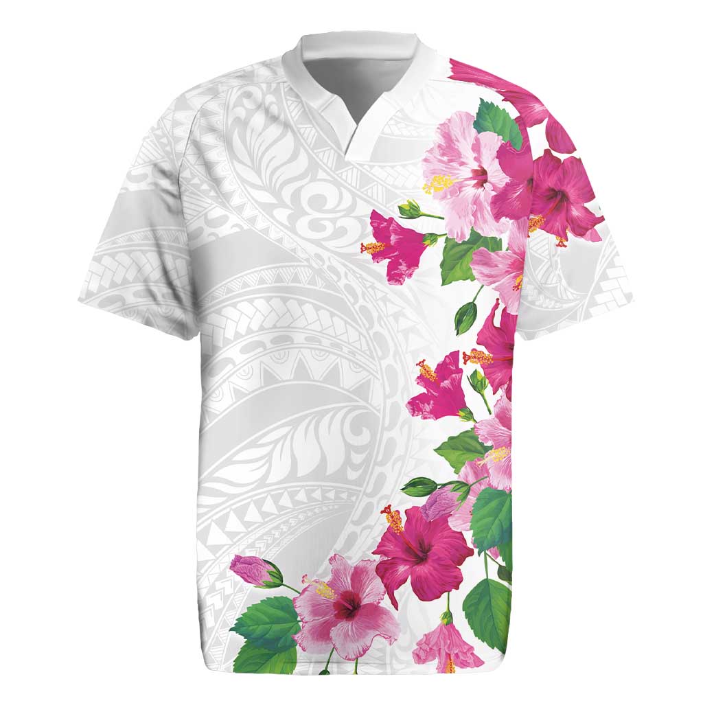 Hawaiian Hibiscus and Art Polynesian Tattoo Rugby Jersey White Color