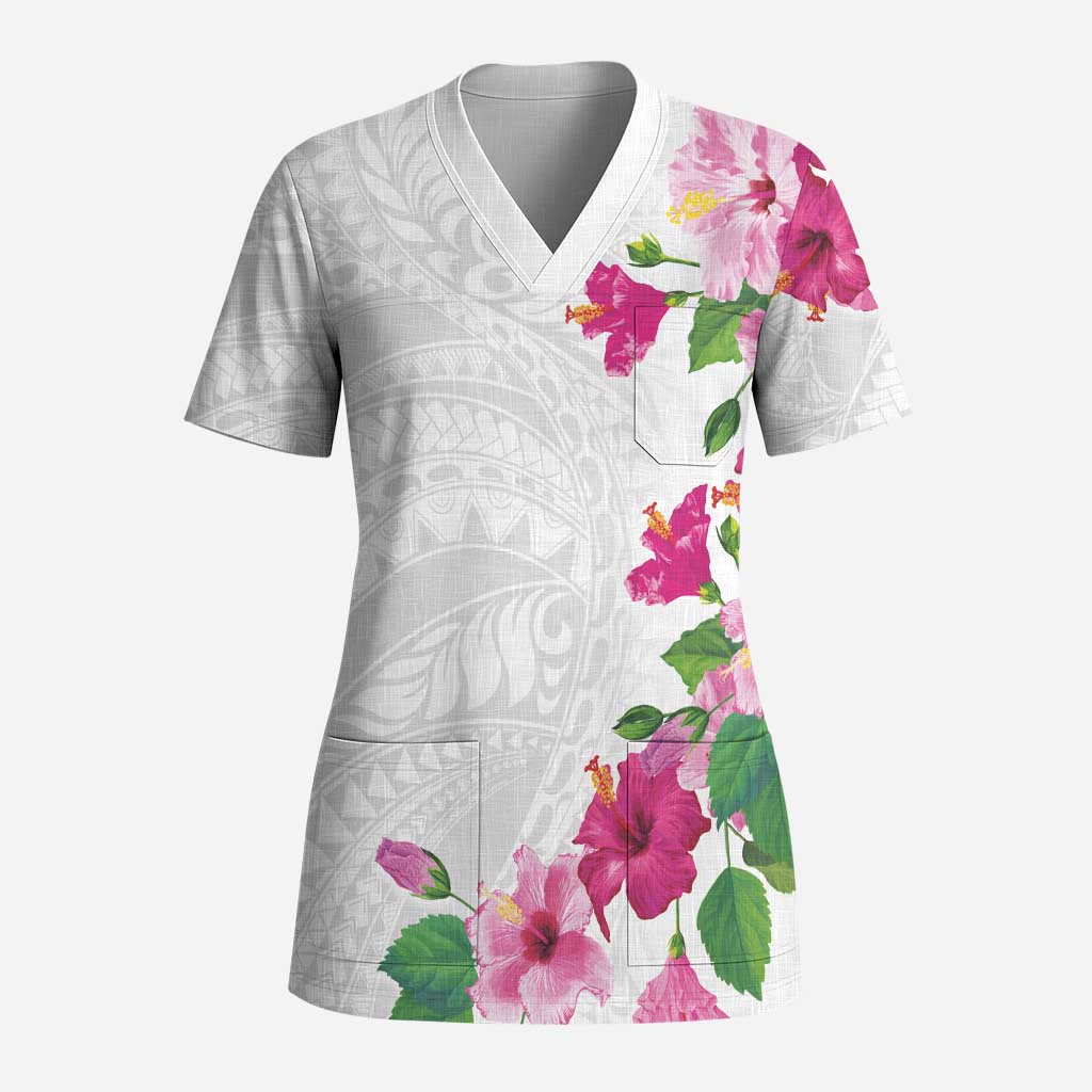 Hawaiian Hibiscus and Art Polynesian Tattoo Scrub Top White Color - Polynesian Pride