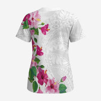 Hawaiian Hibiscus and Art Polynesian Tattoo Scrub Top White Color - Polynesian Pride