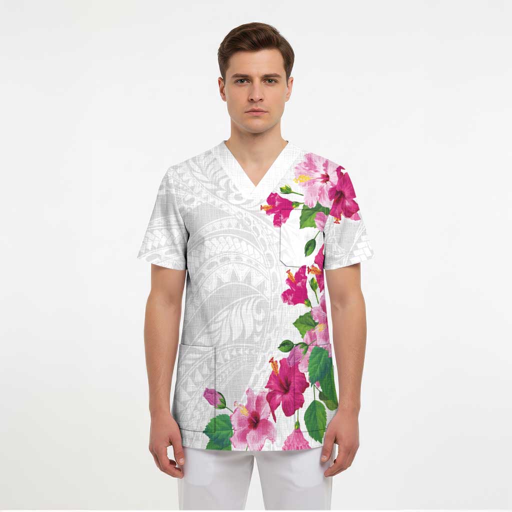 Hawaiian Hibiscus and Art Polynesian Tattoo Scrub Top White Color - Polynesian Pride