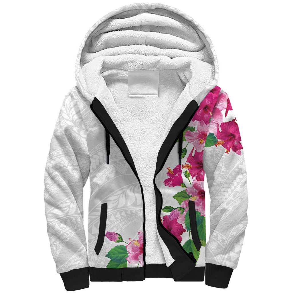 Hawaiian Hibiscus and Art Polynesian Tattoo Sherpa Hoodie White Color