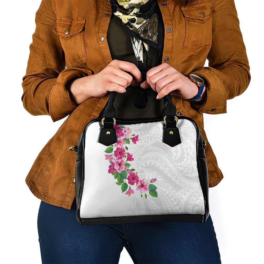 Hawaiian Hibiscus and Art Polynesian Tattoo Shoulder Handbag White Color