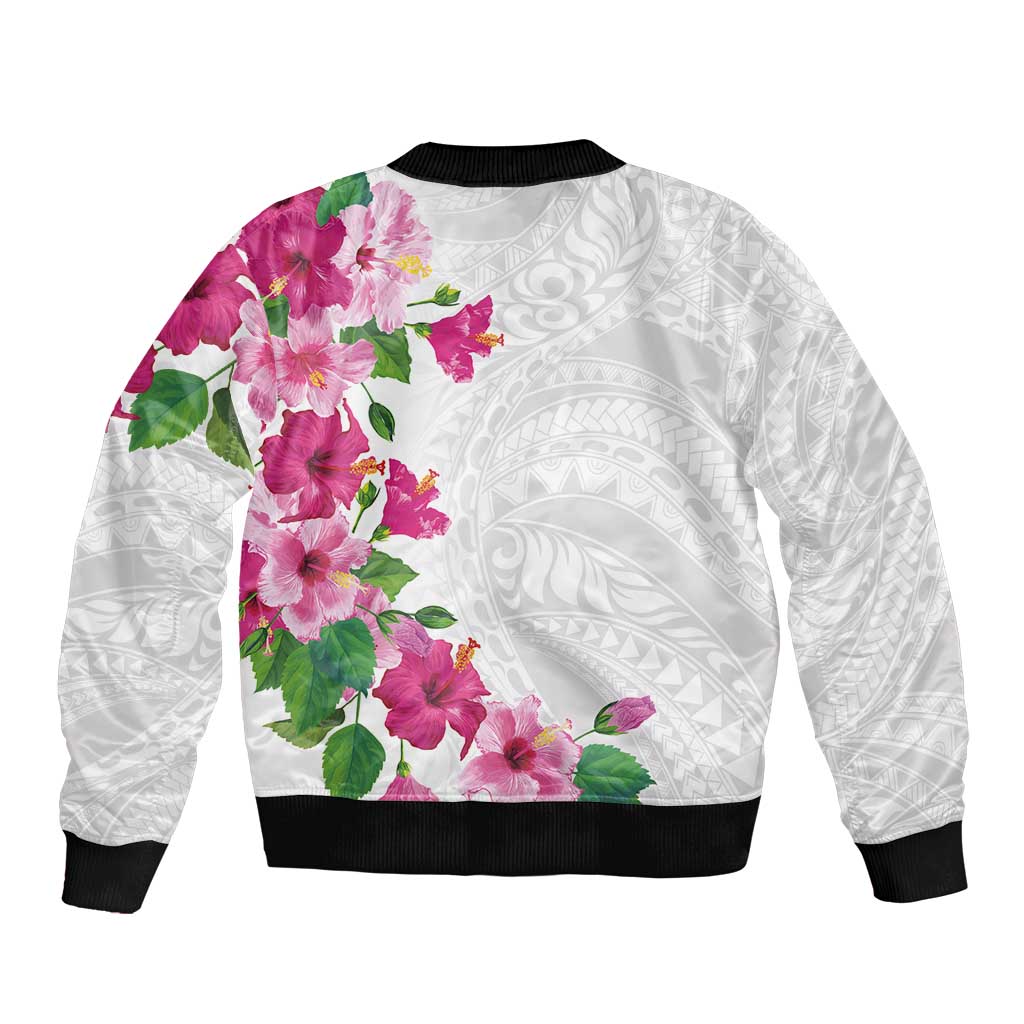 Hawaiian Hibiscus and Art Polynesian Tattoo Sleeve Zip Bomber Jacket White Color