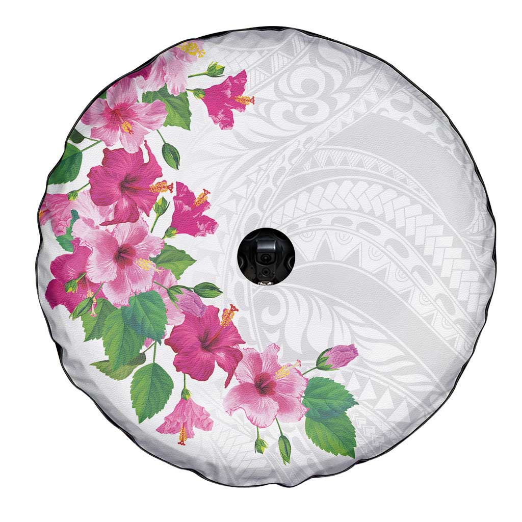 Hawaiian Hibiscus and Art Polynesian Tattoo Spare Tire Cover White Color