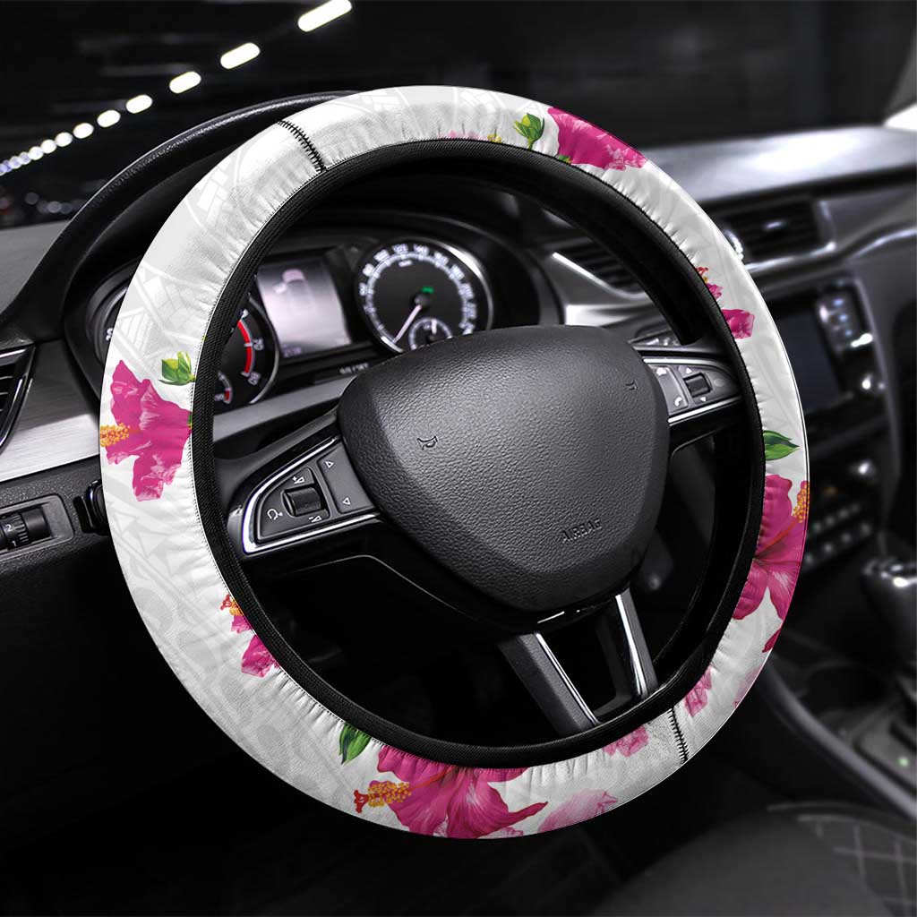 Hawaiian Hibiscus and Art Polynesian Tattoo Steering Wheel Cover White Color