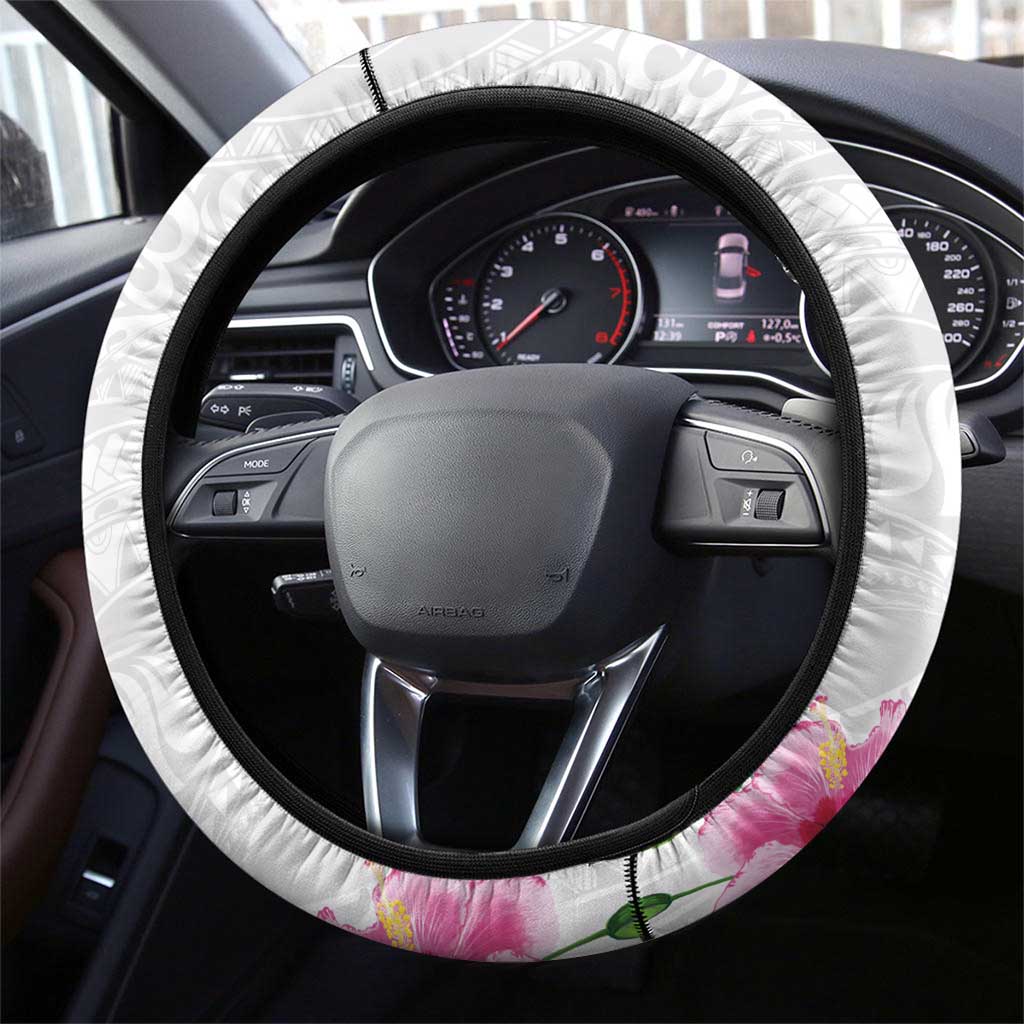 Hawaiian Hibiscus and Art Polynesian Tattoo Steering Wheel Cover White Color