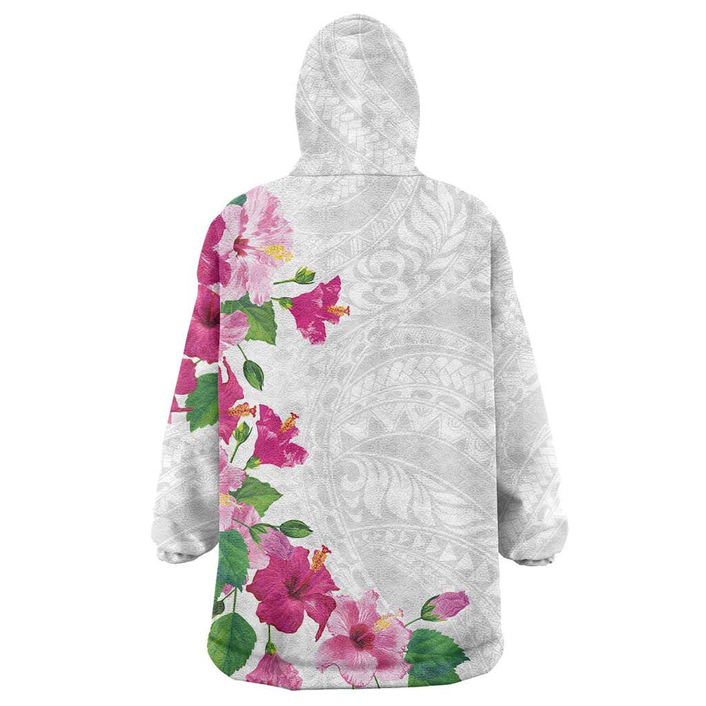 Hawaiian Hibiscus and Art Polynesian Tattoo Wearable Blanket Hoodie White Color