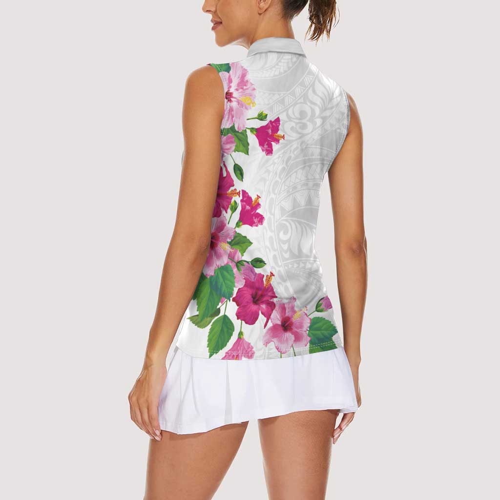 Hawaiian Hibiscus and Art Polynesian Tattoo Women Sleeveless Polo Shirt White Color