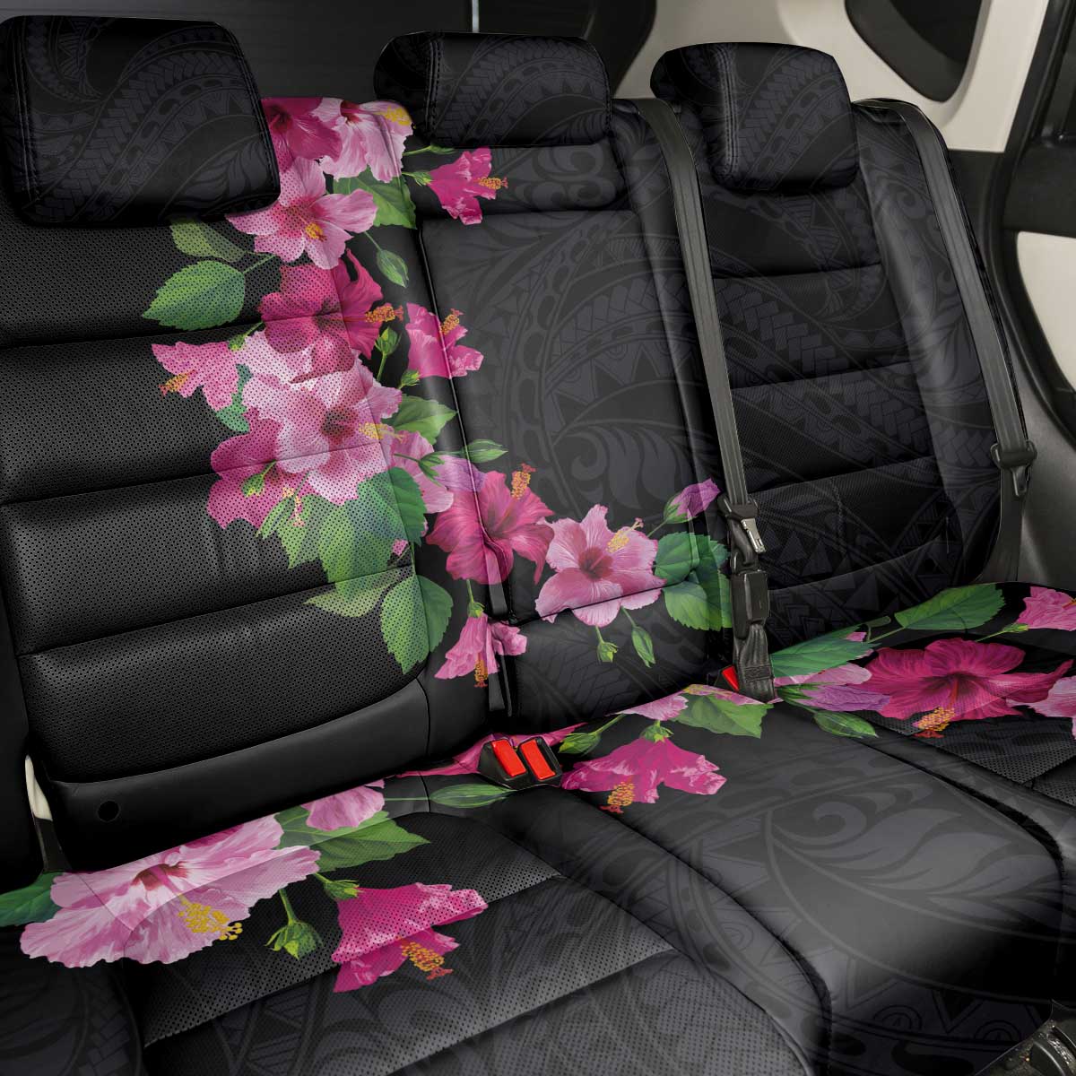 Hawaiian Hibiscus and Art Polynesian Tattoo Back Car Seat Cover Black Color
