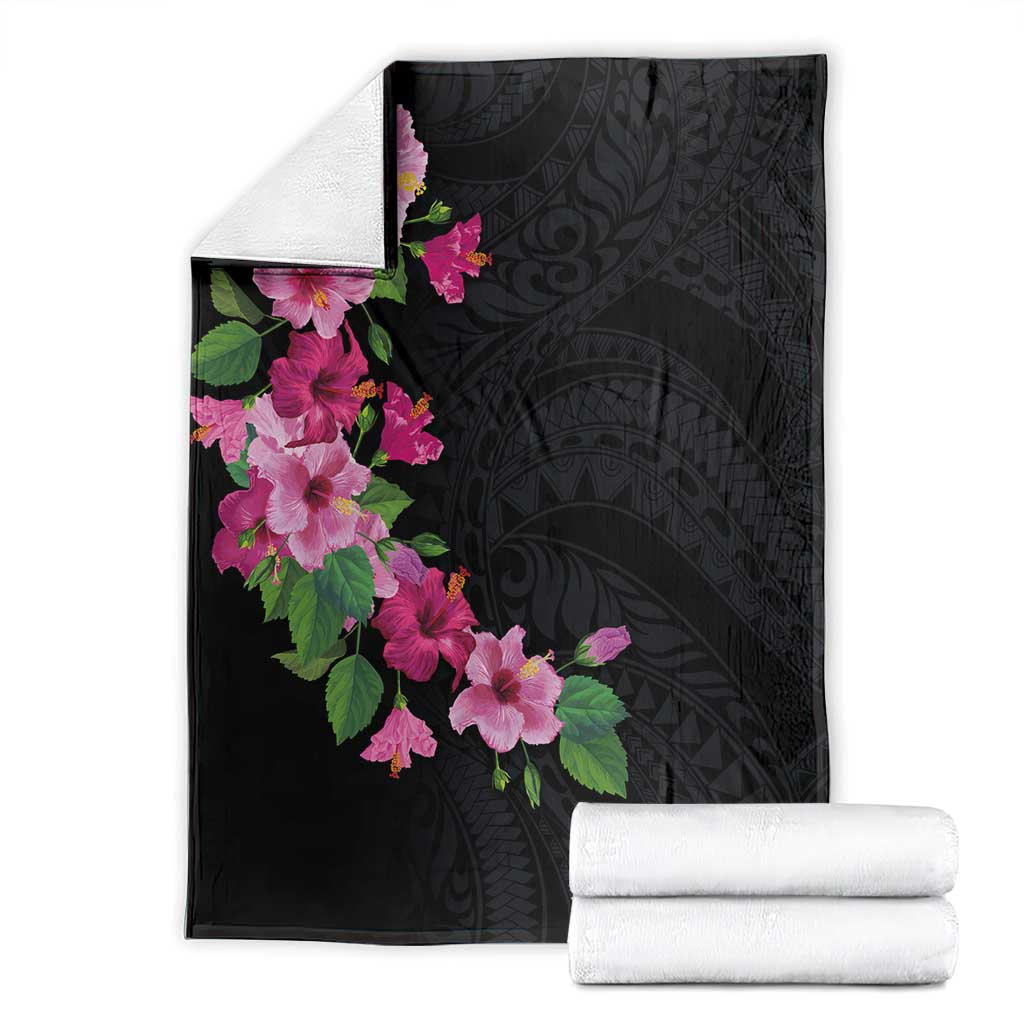 Hawaiian Hibiscus and Art Polynesian Tattoo Blanket Black Color
