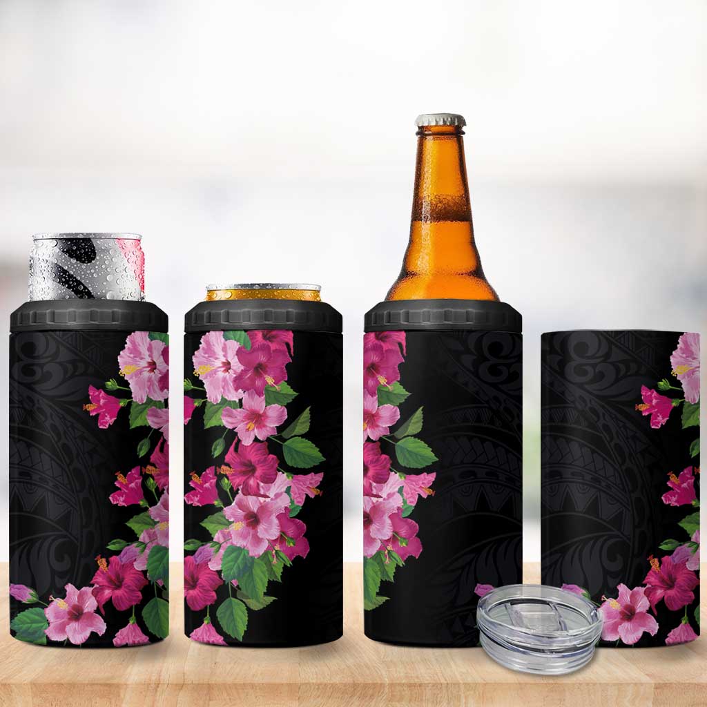 Hawaiian Hibiscus and Art Polynesian Tattoo 4 in 1 Can Cooler Tumbler Black Color