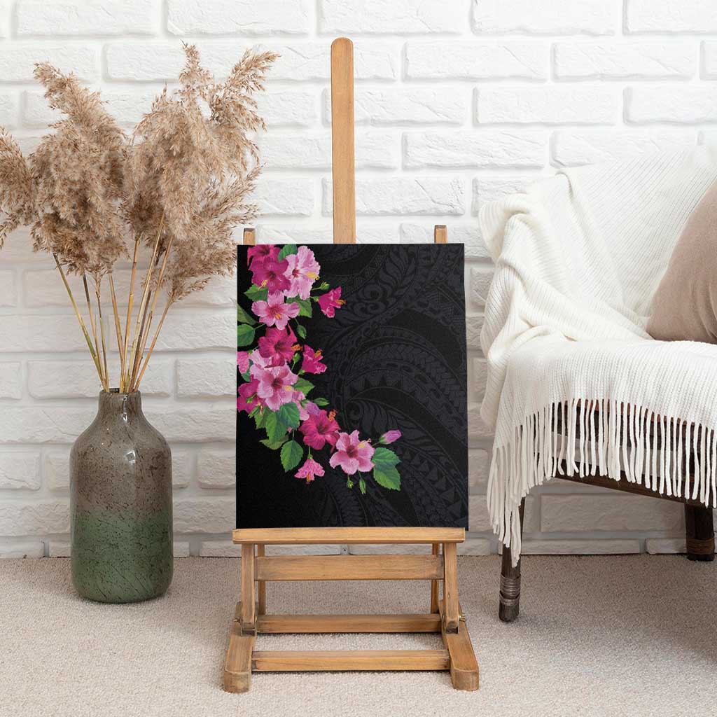 Hawaiian Hibiscus and Art Polynesian Tattoo Canvas Wall Art Black Color