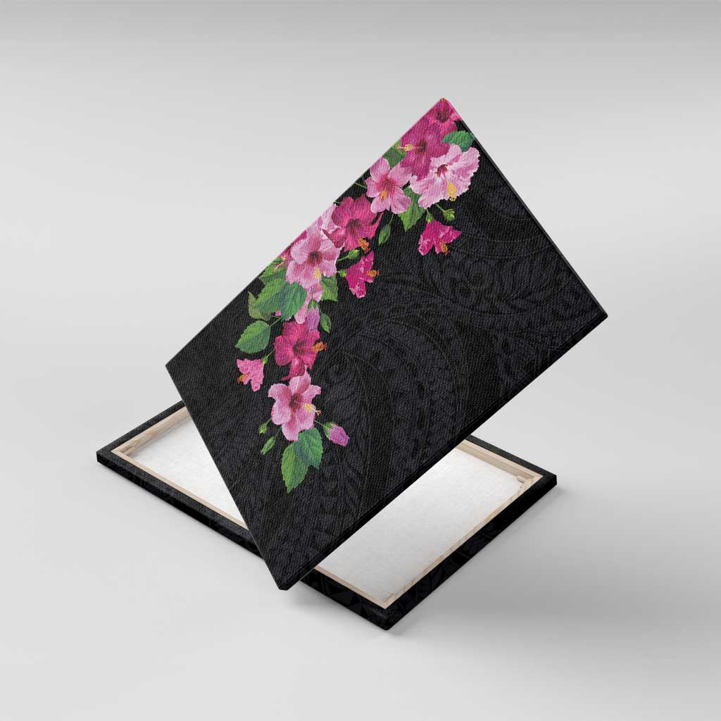 Hawaiian Hibiscus and Art Polynesian Tattoo Canvas Wall Art Black Color